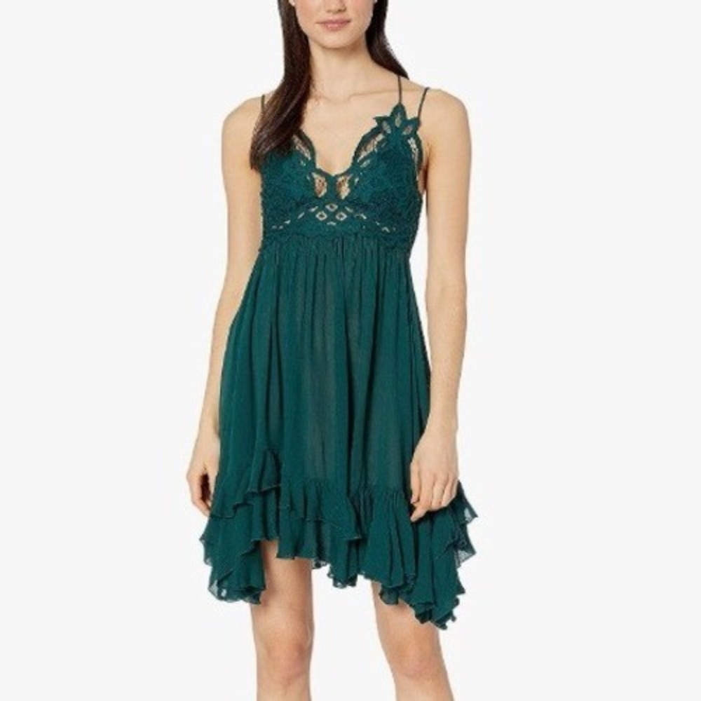 Free People FP One Adella Dark Green Lace Boho Romantic Slip Babydoll Dress M